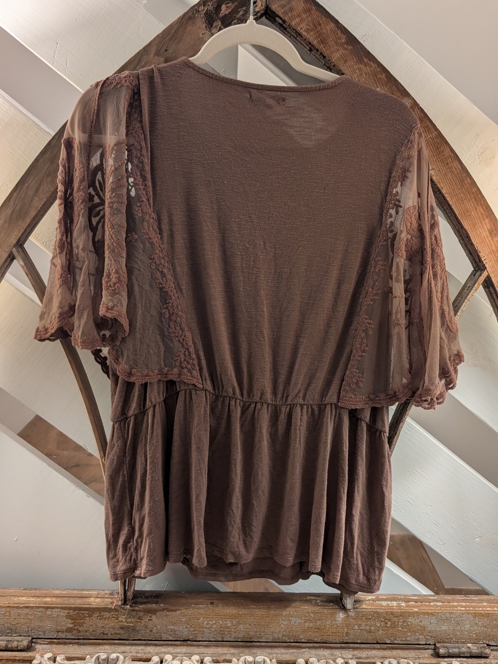 Maurices Chocolate Brown Lace-Paneled Peplum Top - Picture 2 of 2